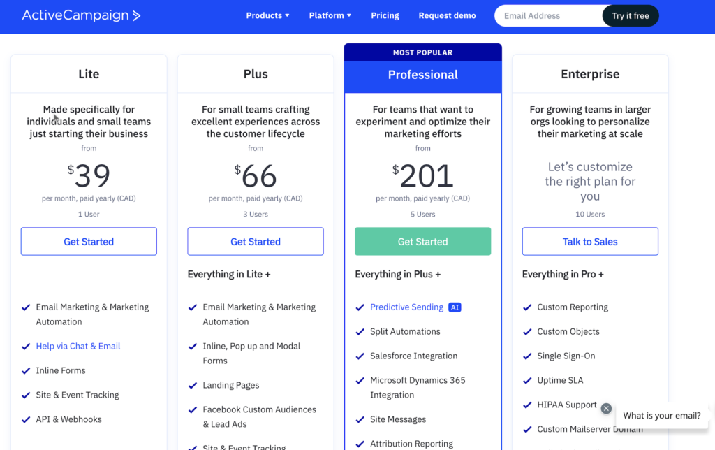 ActiveCampaign vs tinyEmail: A Comprehensive Comparison 2023 7 ActiveCampaign vs TinyEmail: ActiveCampaign Pricing