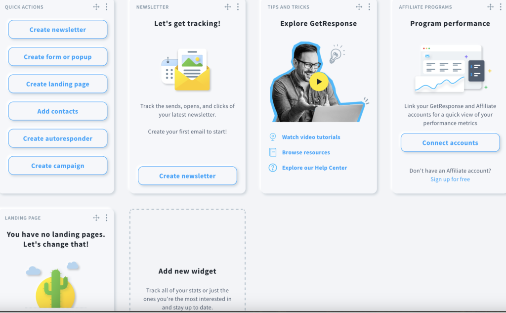 GetResponse vs TinyEmail: Navigating the World of Email Marketing in 2023 3 GetResponse vs TinyEmail :
GetResponse’s dashboard: a blend of simplicity and robust email marketing tools.