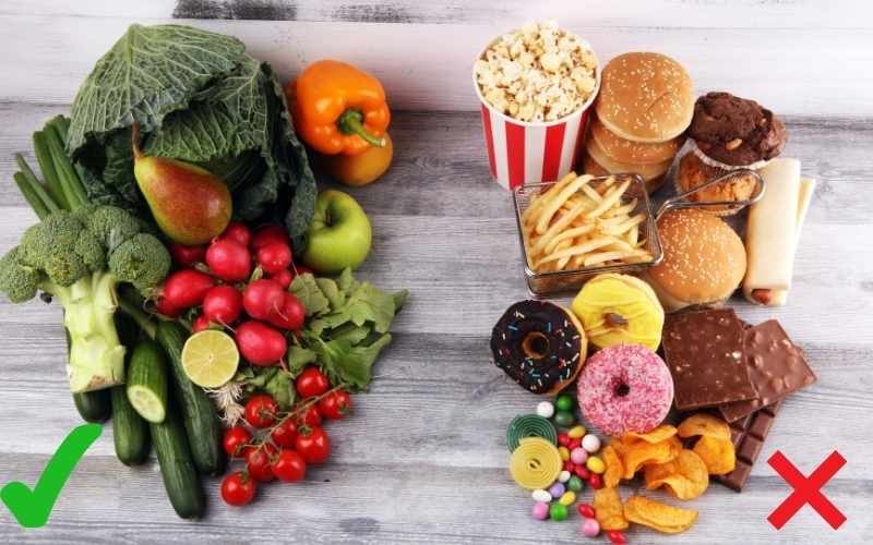 Foods to Avoid During Menopause: A Guide to Successful Weight Loss 2 A visual representation of healthy foods contrasted with unhealthy options : Foods to avoid during menopause