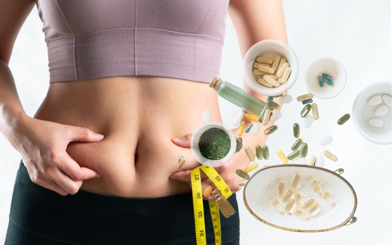 Best Menopause Supplements for Weight-Loss: Boost Your Weight-Loss Journey During Menopause 5 Woman measuring her waist with supplements, with supplements nearby : Best menopause supplements for weight-loss